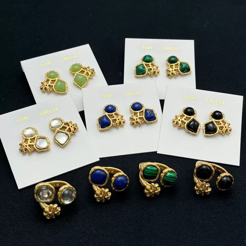 Tory Burch Trendy Acrylic Inlaid Matte Metal Ring and Earring Set